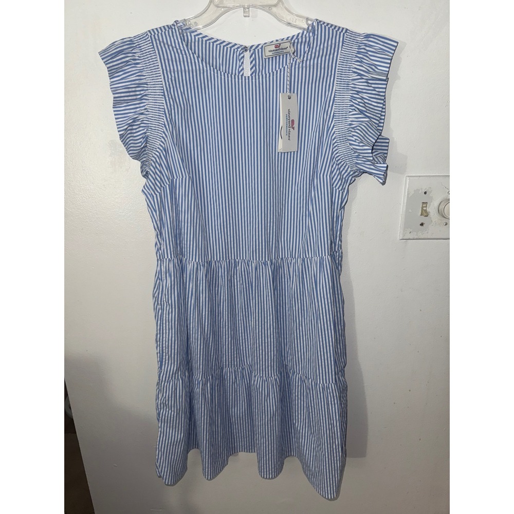 Vineyard Vines Harbor Ruffle Sleeve Dress Ocean Sky Blue Stripe M 2Q010936-9204